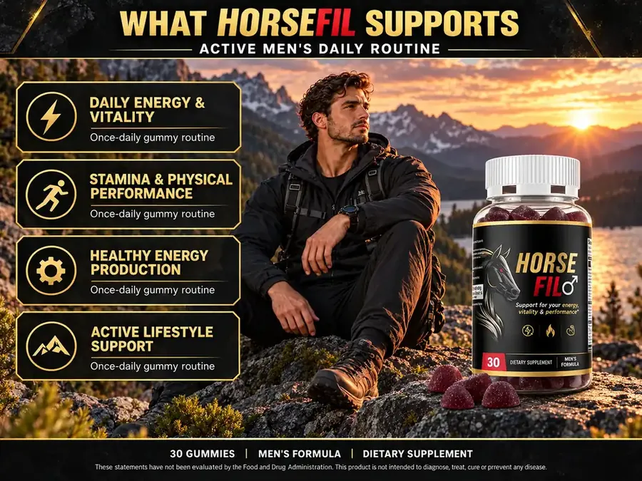 HorseFil listing graphic showing daily energy and vitality, stamina and physical performance, healthy energy production and active lifestyle support